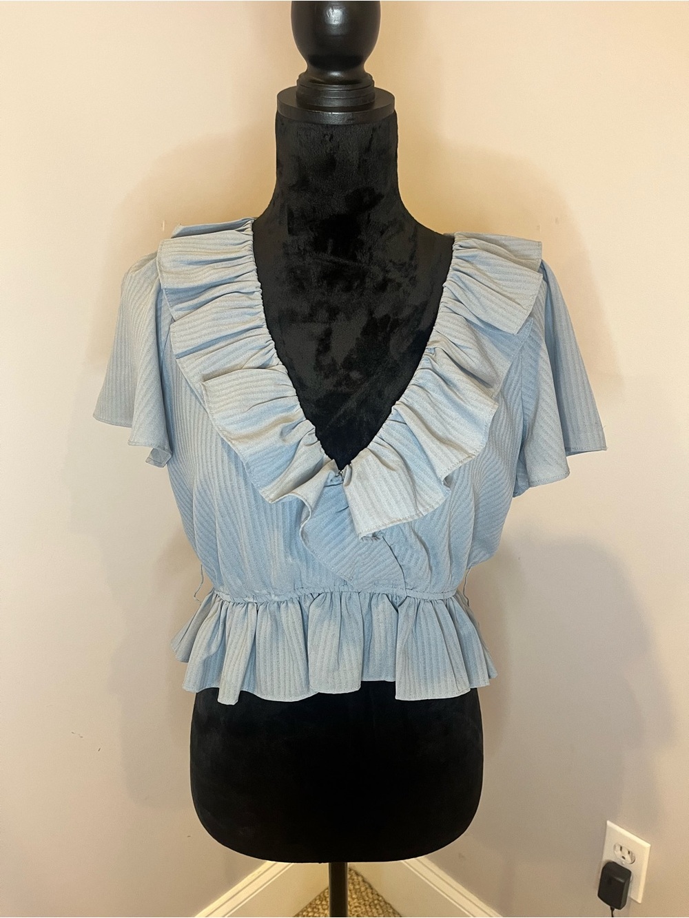 Majorelle Ruffled V-Neck Crop Top - Light Blue- small